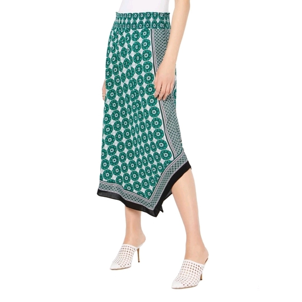 INC International Concepts Asymmetrical Skirt‎ in Green and Black Mid Rise